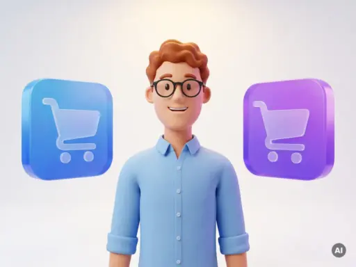 3D-Cartoon-Figur mit Brille und hellblauem Hemd zwischen zwei großen Warenkorb-Icons in Blau und Lila auf weißem Hintergrund.