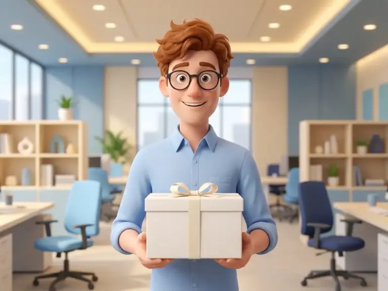 3D-Cartoon-Figur mit Brille und hellblauem Hemd hält eine Geschenkbox in modernem Webdesign-Arbeitsbereich.