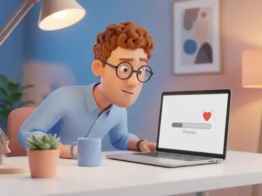 Verwirrt dreinblickender 3D-Cartoon-Mann mit Brille vor Laptop mit langsamer Ladebalken-Anzeige am weißen Schreibtisch.