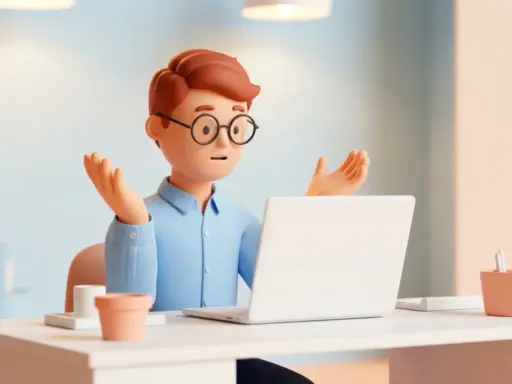 3D-Cartoon-Figur mit Brille starrt verwirrt auf leeren Laptop-Bildschirm und hebt die Hände in überraschter Ratlosigkeit.