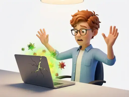 Mann mit Brille weicht entsetzt vor infiziertem Laptop mit grünem Leuchten und schwebenden Viruspartikeln zurück.