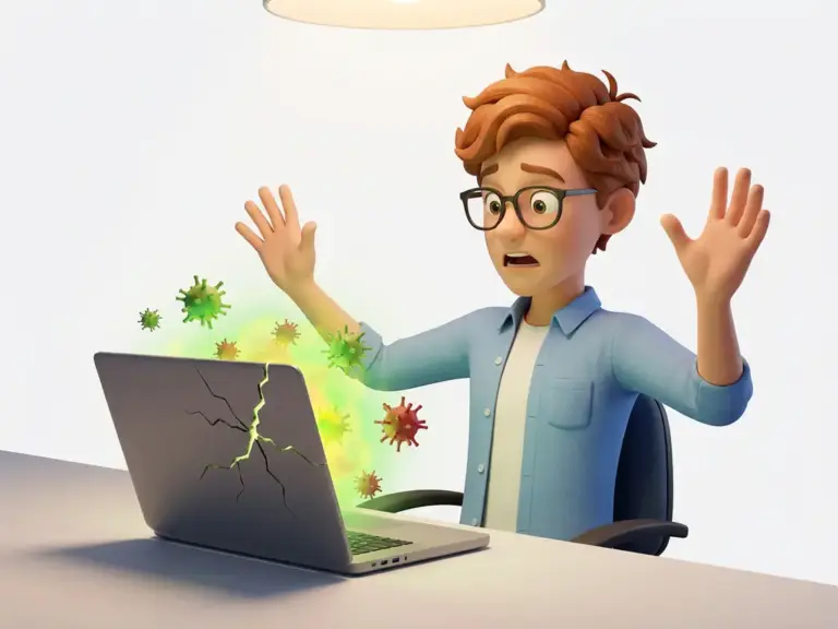 Mann mit Brille weicht entsetzt vor infiziertem Laptop mit grünem Leuchten und schwebenden Viruspartikeln zurück.