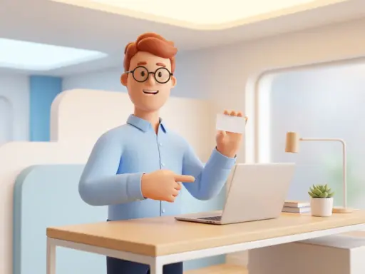 Freundlicher 3D-Cartoon-Mann mit Brille und hellblauem Hemd, der an einem modernen Schreibtisch auf einen Laptop zeigt und eine Visitenkarte hält.