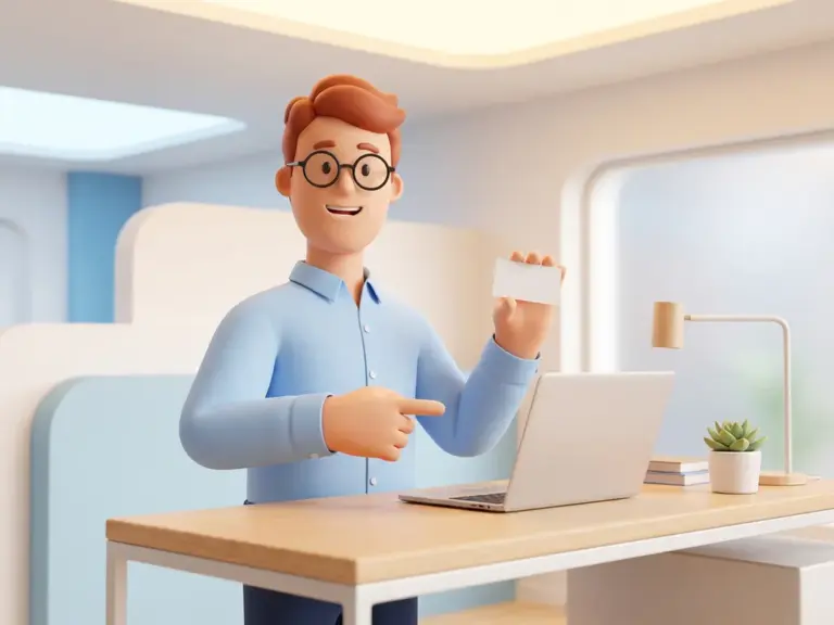 Freundlicher 3D-Cartoon-Mann mit Brille und hellblauem Hemd, der an einem modernen Schreibtisch auf einen Laptop zeigt und eine Visitenkarte hält.