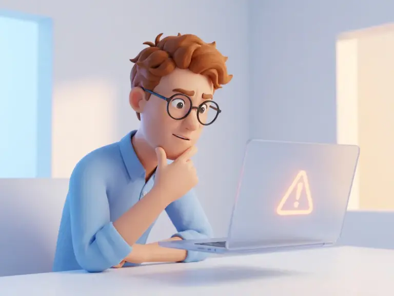 3D-Cartoon-Figur mit Brille und blauem Hemd untersucht neugierig einen schwebenden Laptop mit Warnsymbol.