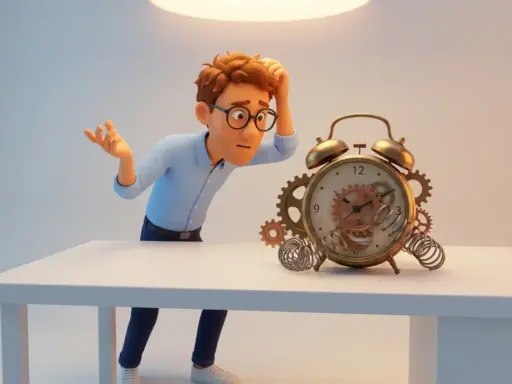 Verwirrter 3D-Cartoon-Mann mit Brille und hellblauem Hemd betrachtet eine vintage Wecker, der in Zahnräder verwickelt ist.
