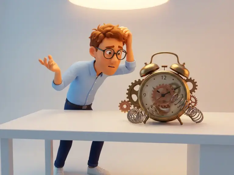 Verwirrter 3D-Cartoon-Mann mit Brille und hellblauem Hemd betrachtet eine vintage Wecker, der in Zahnräder verwickelt ist.