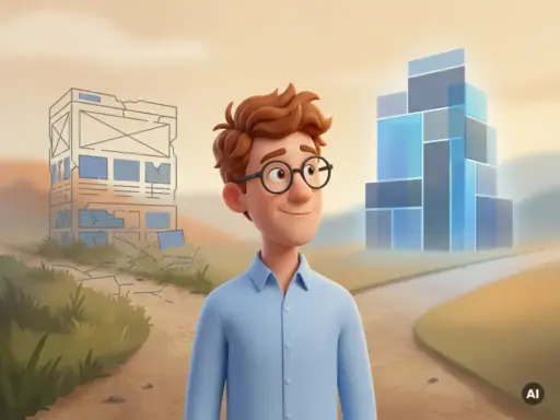 Cartoon-Figur mit Brille steht an einer Wegkreuzung zwischen veralteter Website-Struktur und modernem WordPress-Layout.