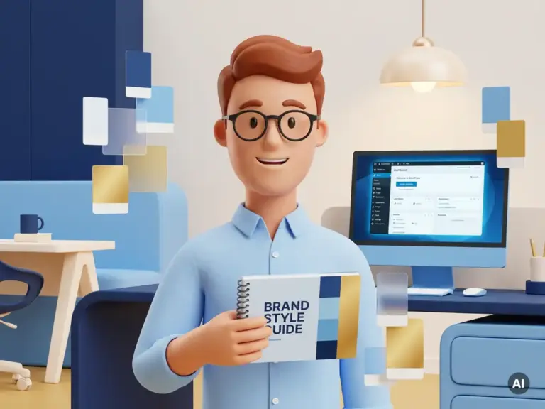 3D-Cartoon-Figur mit Brille hält Brand-Style-Guide, umgeben von Farbmustern und leuchtendem WordPress-Dashboard im modernen Webdesign-Arbeitsbereich.