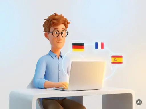 3D-Cartoon-Figur mit Brille und hellblauem Hemd am Schreibtisch, umgeben von schwebenden Sprechblasen mit deutscher, französischer und spanischer Flagge.