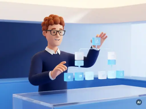 3D-Cartoon-Figur mit Brille ordnet leuchtende Inhaltsblöcke in einer hierarchischen Baumstruktur auf blau-weißem digitalem Arbeitsbereich.