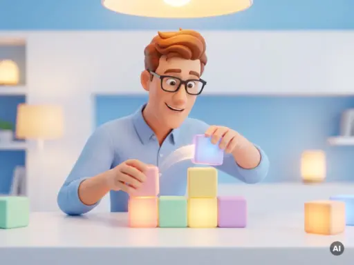 3D-Cartoon-Figur mit Brille arrangiert leuchtende, modulare Inhaltsblöcke zu einem Webseitenlayout auf weißem Schreibtisch.