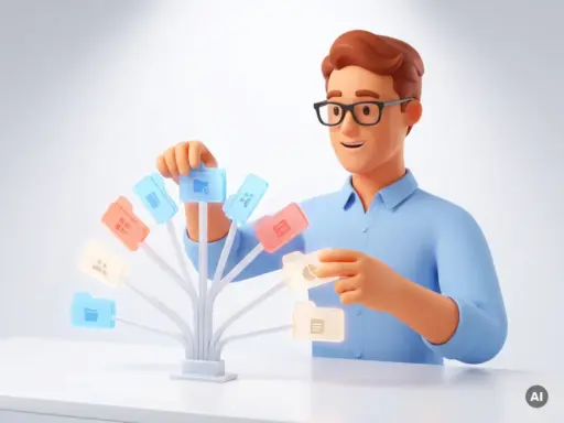 3D-Cartoon-Figur mit Brille ordnet leuchtende Ordner-Tabs in einer hierarchischen Baumstruktur auf einem weißen Schreibtisch.
