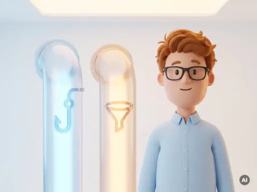 Cartoon-Figur mit Brille und hellblauem Hemd neben zwei leuchtenden Pipeline-Röhren mit Hook- und Filter-Symbolen.