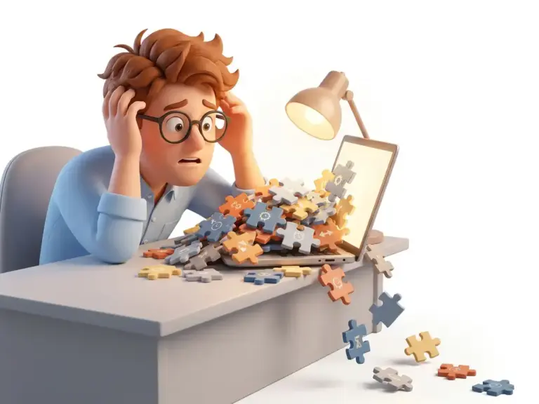 Überforderte 3D-Cartoon-Figur mit Brille vor Laptop, überhäuft mit bunten Plugin-Puzzleteilen, die vom Schreibtisch fallen.