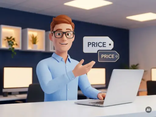 3D-Cartoon-Figur mit Brille zeigt auf zwei verschieden große Preisschilder an einem Büroschreibtisch mit Laptop.