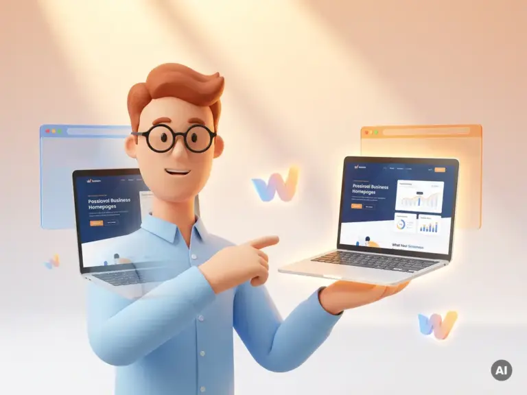 3D-Cartoon-Figur mit Brille zeigt stolz auf einen leuchtenden Laptop mit professioneller Business-Website und schwebenden Browser-Fenstern.