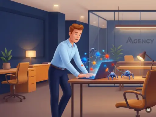 Cartoon-Mann mit roten Haaren untersucht Laptop mit vernetzten Knoten und Spider-Bots in moderner Webagentur.