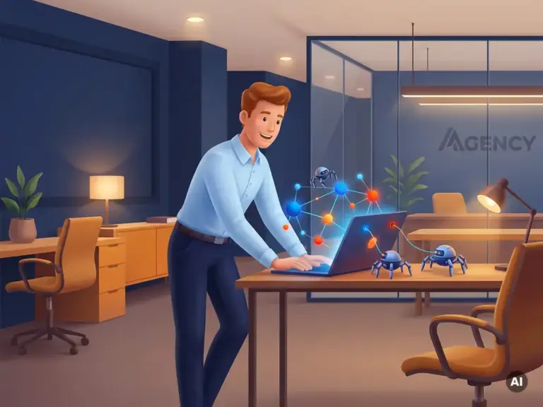 Cartoon-Mann mit roten Haaren untersucht Laptop mit vernetzten Knoten und Spider-Bots in moderner Webagentur.