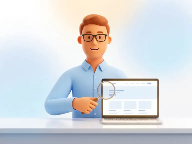 Cartoon-Figur mit Brille und hellblauem Hemd untersucht mit Lupe einen leuchtenden Laptop-Bildschirm mit Website-Layout.