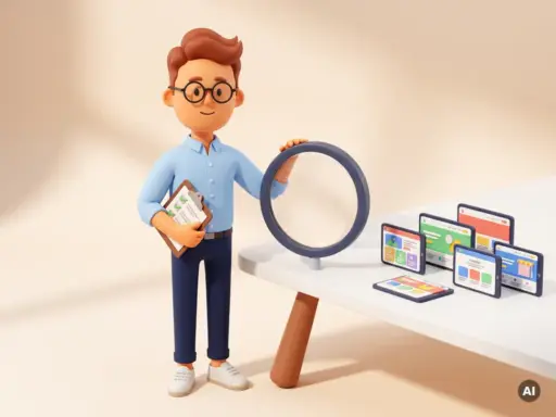 3D-Cartoon-Figur mit Brille und Klemmbrett untersucht mit einer Lupe kleine Website-Mockups auf weißer Fläche.