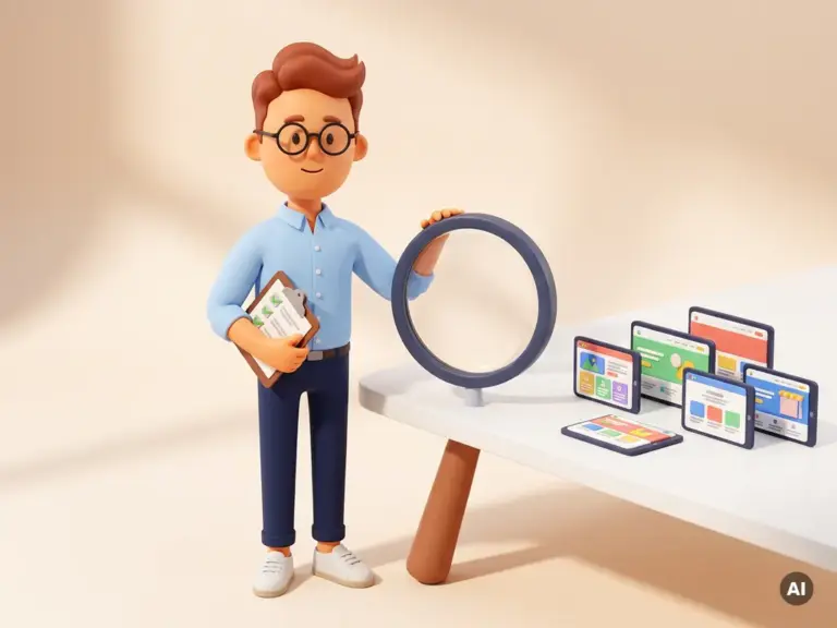 3D-Cartoon-Figur mit Brille und Klemmbrett untersucht mit einer Lupe kleine Website-Mockups auf weißer Fläche.