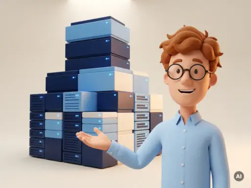 Cartoon-Figur mit Brille und hellblauem Hemd präsentiert eine mehrstufige Server-Architektur aus modularen Blöcken in Blau und Weiß.