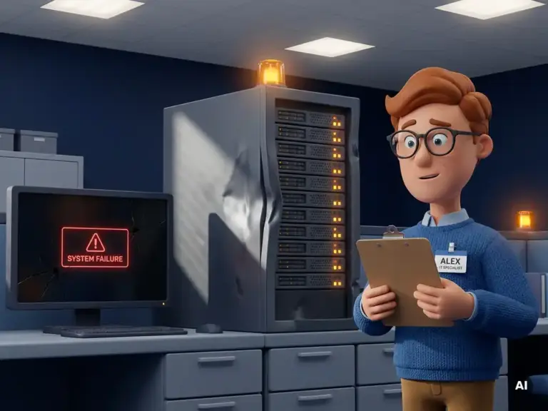 Cartoon-Figur mit Brille und Klemmbrett neben abgestürztem Server mit Warnleuchten in modernem Büro.
