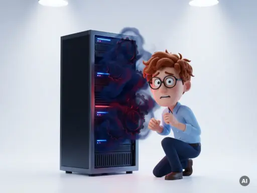 Nervöser Cartoon-Charakter mit Brille kauert neben leuchtendem Server-Rack, aus dem bedrohliche Uhrwerk-Zahnräder strömen.