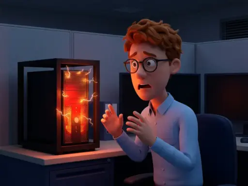 Cartoon-Mann mit Brille und hellblauem Hemd blickt besorgt auf einen rot leuchtenden, funkelnden Server-Turm in dunklem Büro.