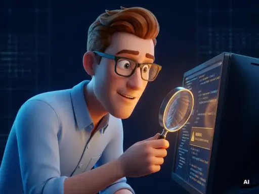 Cartoon-Figur mit Brille und blauem Hemd untersucht leuchtende Server-Logs auf einem Monitor mit Lupe.