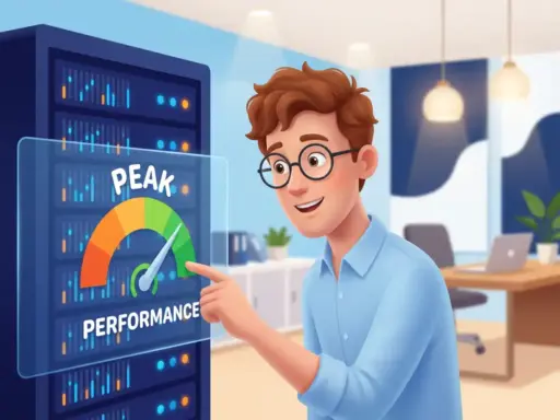 Cartoon-Figur mit Brille zeigt auf leuchtenden Server und Tachometer für optimale Website-Performance in moderner Agentur.