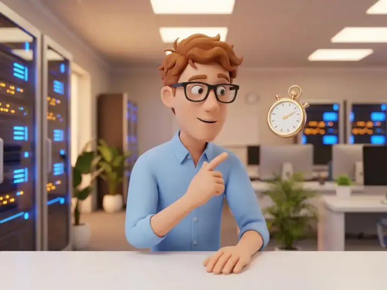 Cartoon-Figur mit Brille und hellblauem Hemd untersucht neugierig einen leuchtenden Server-Rack mit Stoppuhr auf weißem Schreibtisch.