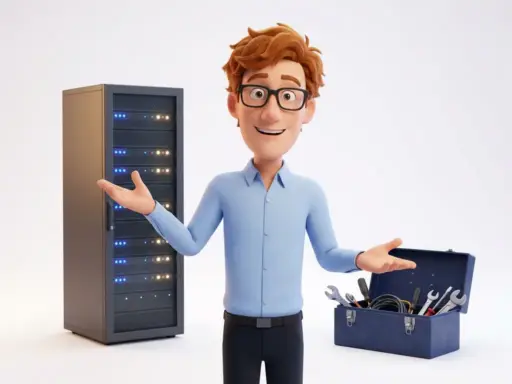 3D-Cartoon-Figur mit Brille und hellblauem Hemd zwischen Server-Tower und Werkzeugkoffer für IT-Wartung.
