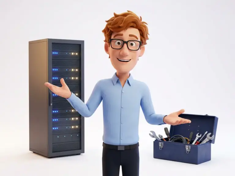 3D-Cartoon-Figur mit Brille und hellblauem Hemd zwischen Server-Tower und Werkzeugkoffer für IT-Wartung.