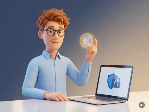 3D-Cartoon-Figur mit Brille hält Euro-Münze neben Laptop mit Sicherheitsschloss-Symbol auf weißem Hintergrund.