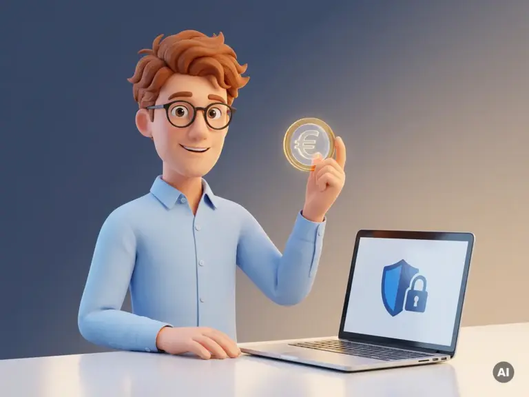 3D-Cartoon-Figur mit Brille hält Euro-Münze neben Laptop mit Sicherheitsschloss-Symbol auf weißem Hintergrund.