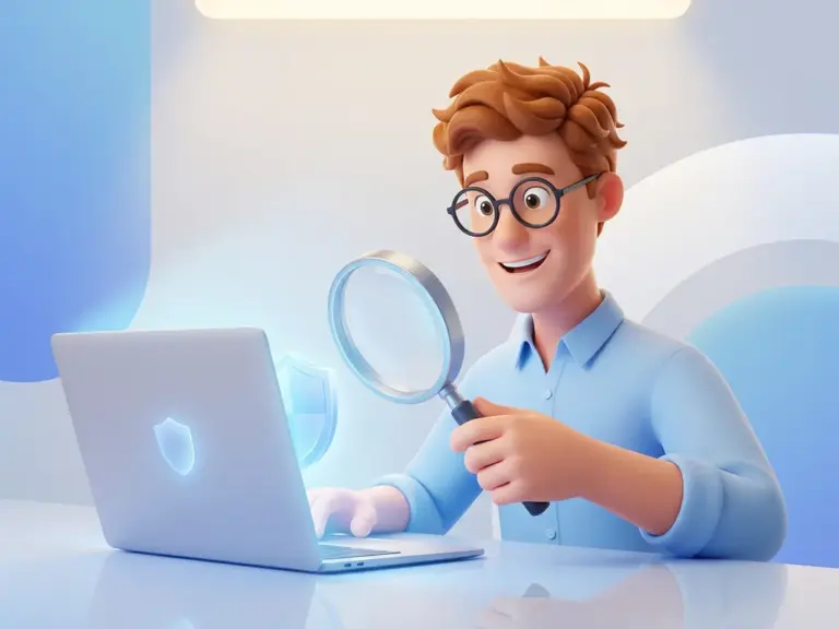 3D-Cartoon-Figur mit Brille und hellblauem Hemd untersucht Laptop-Bildschirm mit Lupe, Schutzschild-Symbol im Hintergrund.