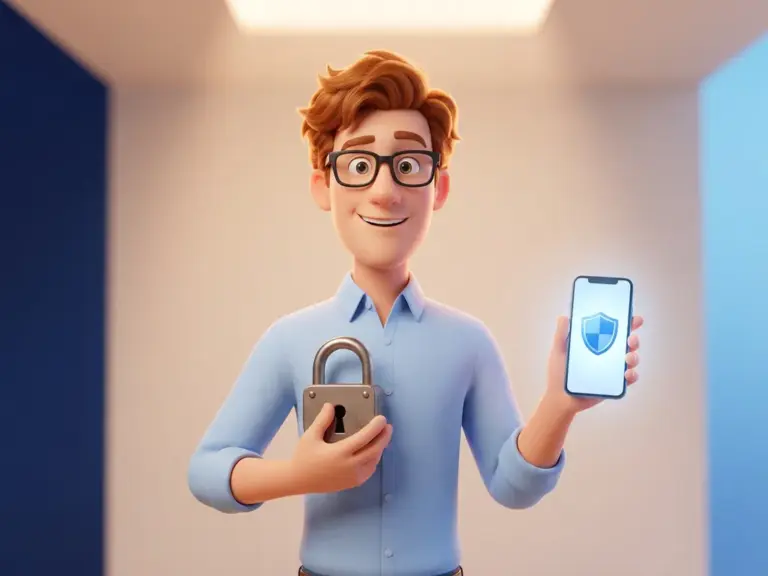 3D-Cartoon-Figur mit Brille hält Vorhängeschloss und Smartphone mit Schutzschild-Symbol – digitale Sicherheit.