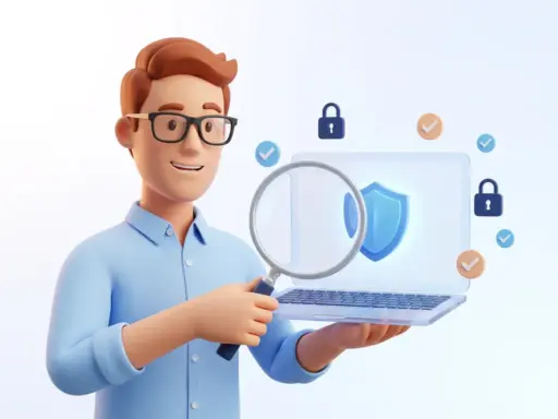 3D-Cartoon-Figur mit Brille untersucht Sicherheitsschild auf Laptop-Bildschirm mit Lupe, umgeben von Schloss- und Häkchen-Symbolen.