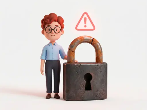 Cartoon-Figur mit Brille neben einem riesigen Vorhängeschloss mit gebrochenem Bügel und rotem Warnsymbol.