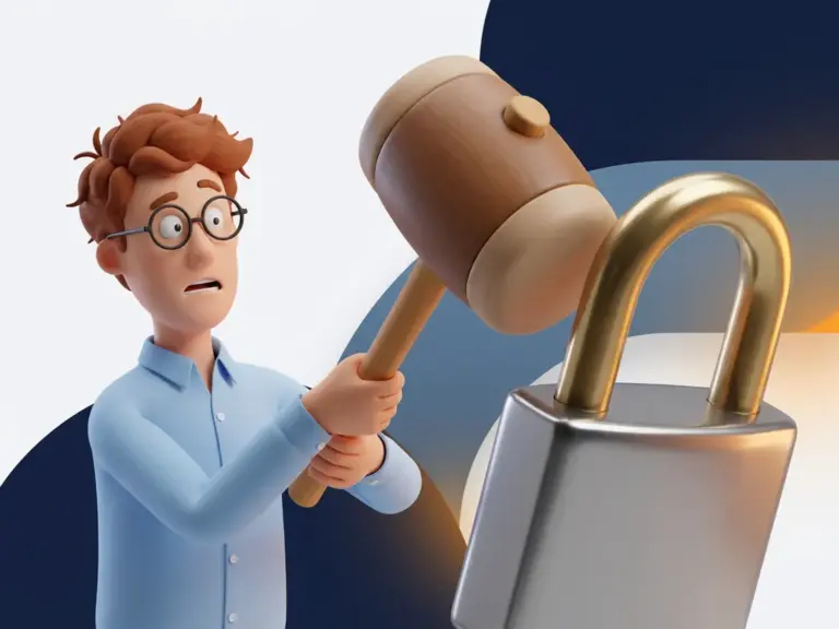 Erschrockener 3D-Cartoon-Mann mit Brille und hellblauem Hemd beobachtet einen riesigen Hammer, der auf ein Schloss einschlägt.