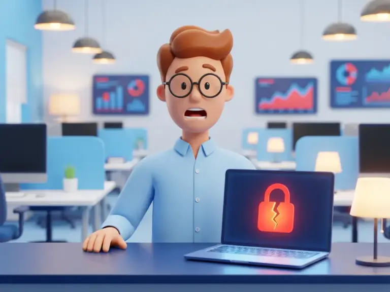 Alarmierter Mann mit Brille vor Laptop-Bildschirm mit gebrochenem Vorhängeschloss, symbolisiert eine Datenschutzverletzung in einer modernen Webagentur.