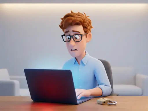 Cartoon-Mann mit Brille und blauem Hemd reagiert schockiert auf Laptop-Bildschirm neben aufgebrochenem Vorhängeschloss, Cybersicherheitswarnung.