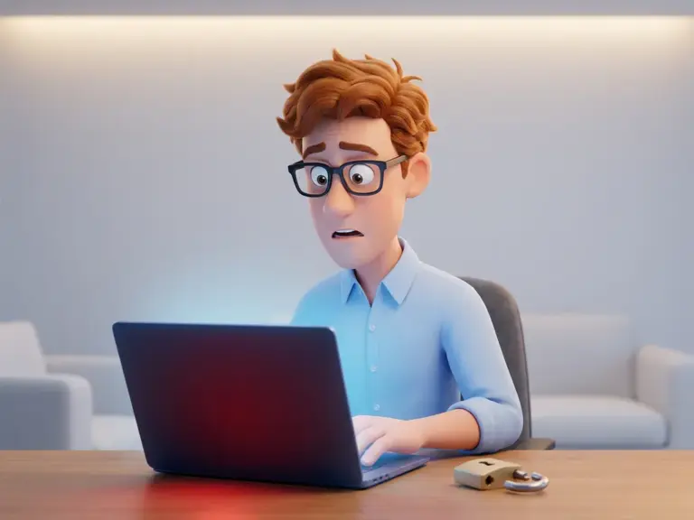 Cartoon-Mann mit Brille und blauem Hemd reagiert schockiert auf Laptop-Bildschirm neben aufgebrochenem Vorhängeschloss, Cybersicherheitswarnung.