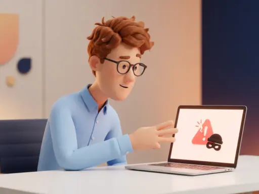 3D-Cartoon-Figur mit Brille zeigt auf Laptop mit rotem Warnsymbol und Einbrecher-Icon, besorgt-neugieriger Ausdruck.