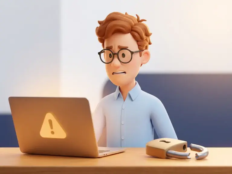 Mann mit Brille und besorgtem Blick neben Laptop mit Warnsymbol und aufgebrochenem Vorhängeschloss – IT-Sicherheitsrisiko.