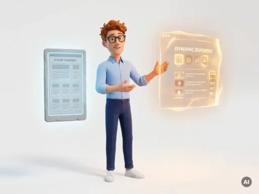 3D-Cartoon-Figur mit Brille zeigt auf zwei Webseiten-Mockups: starres steinartiges Design links, leuchtendes dynamisches rechts.