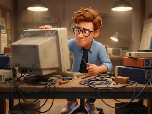 Cartoon-Figur mit Brille und blauem Hemd untersucht verstaubten Vintage-Computer auf unordentlichem Schreibtisch mit Kabeln und Werkzeug.