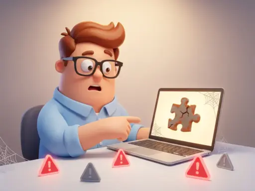 Cartoon-Figur mit Brille reagiert erschrocken auf ein verrostetes, rissiges Plugin-Symbol auf einem Laptop, umgeben von Spinnweben und Warnsymbolen.